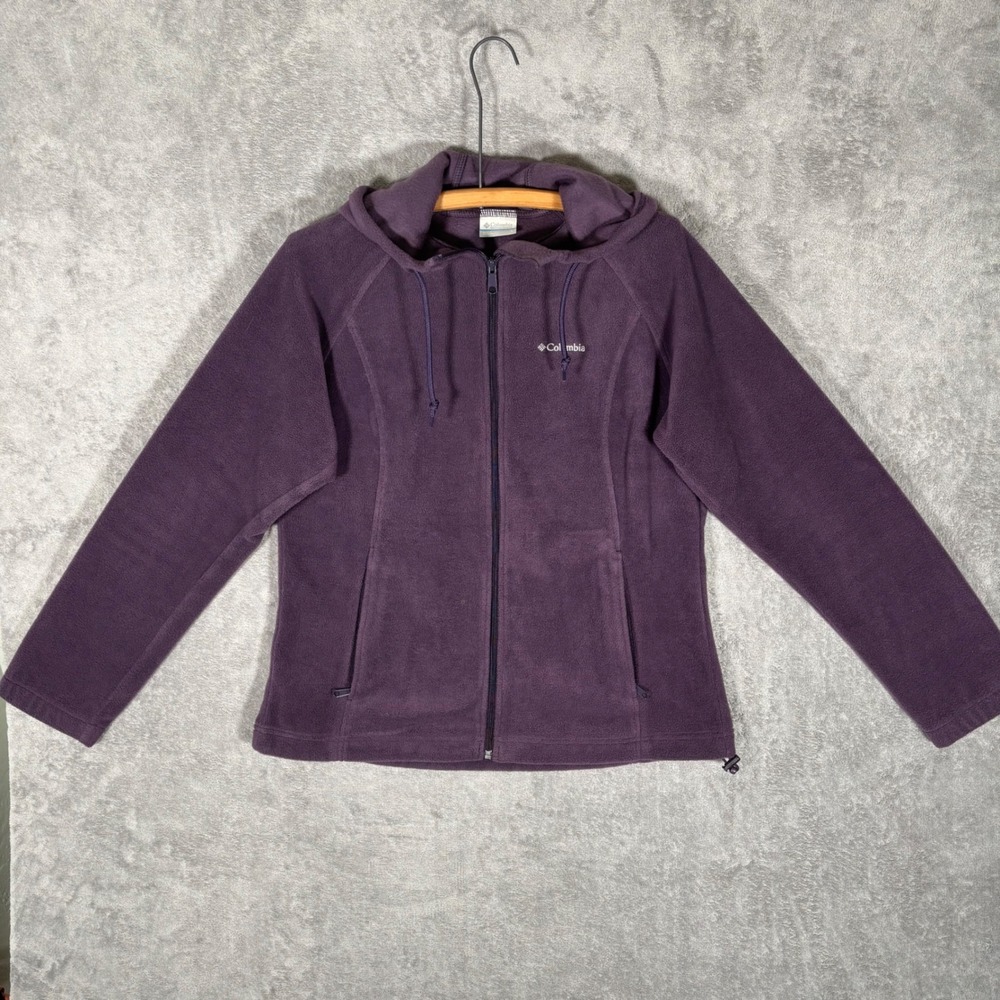 Columbia Womens Full Zip Fleece Hoodie Purple Size L Raglan Jacket High Neck